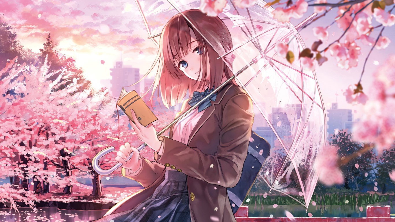 Anime girl with a book and an umbrella in hand