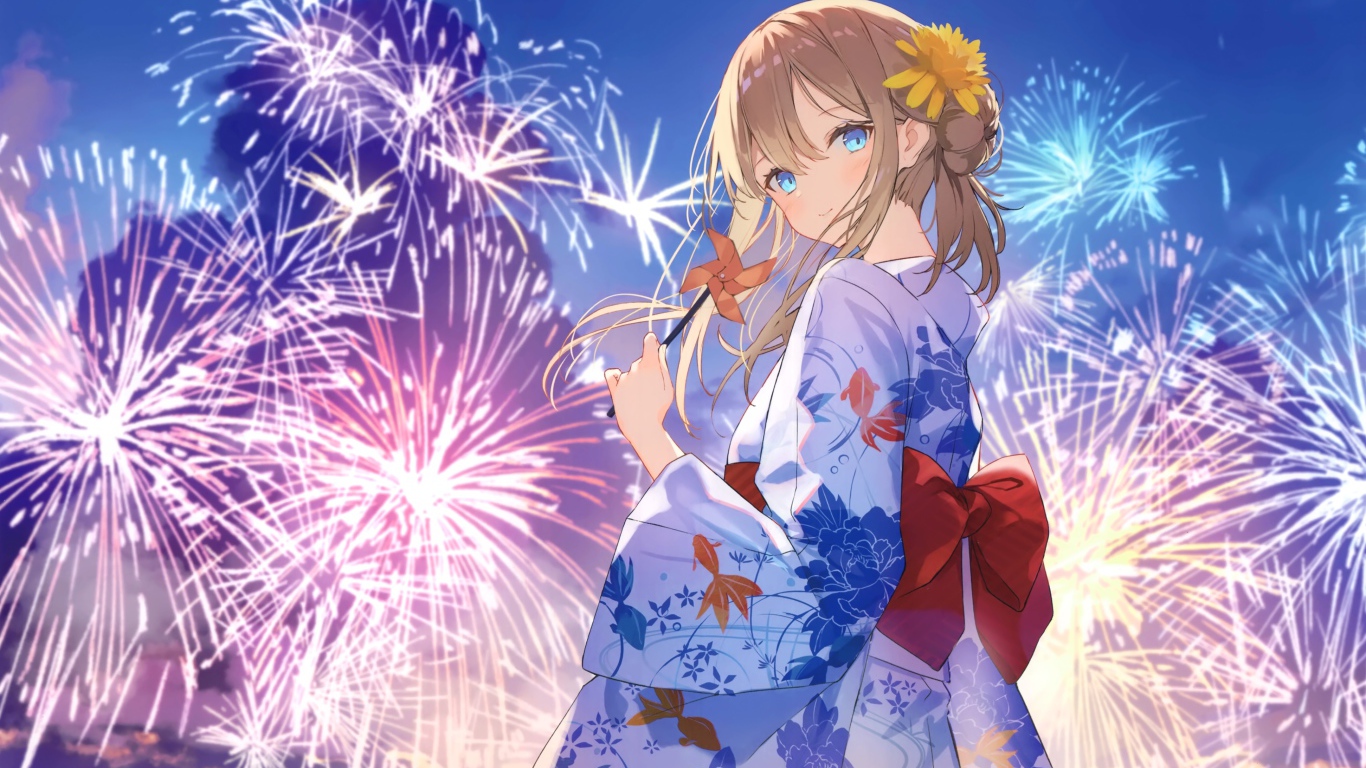 Красивая девушка аниме в кимоно на фоне салюта