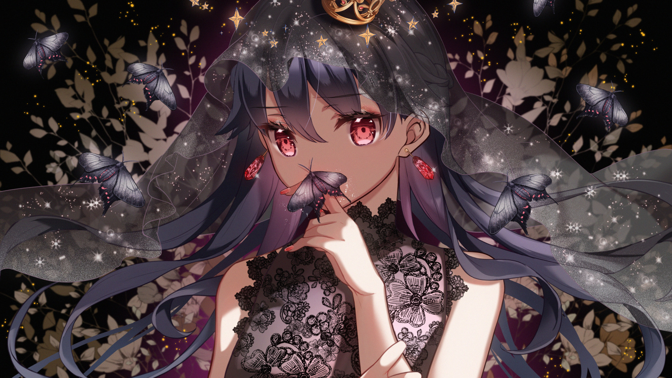 Красивая девушка аниме с бабочкой на пальце