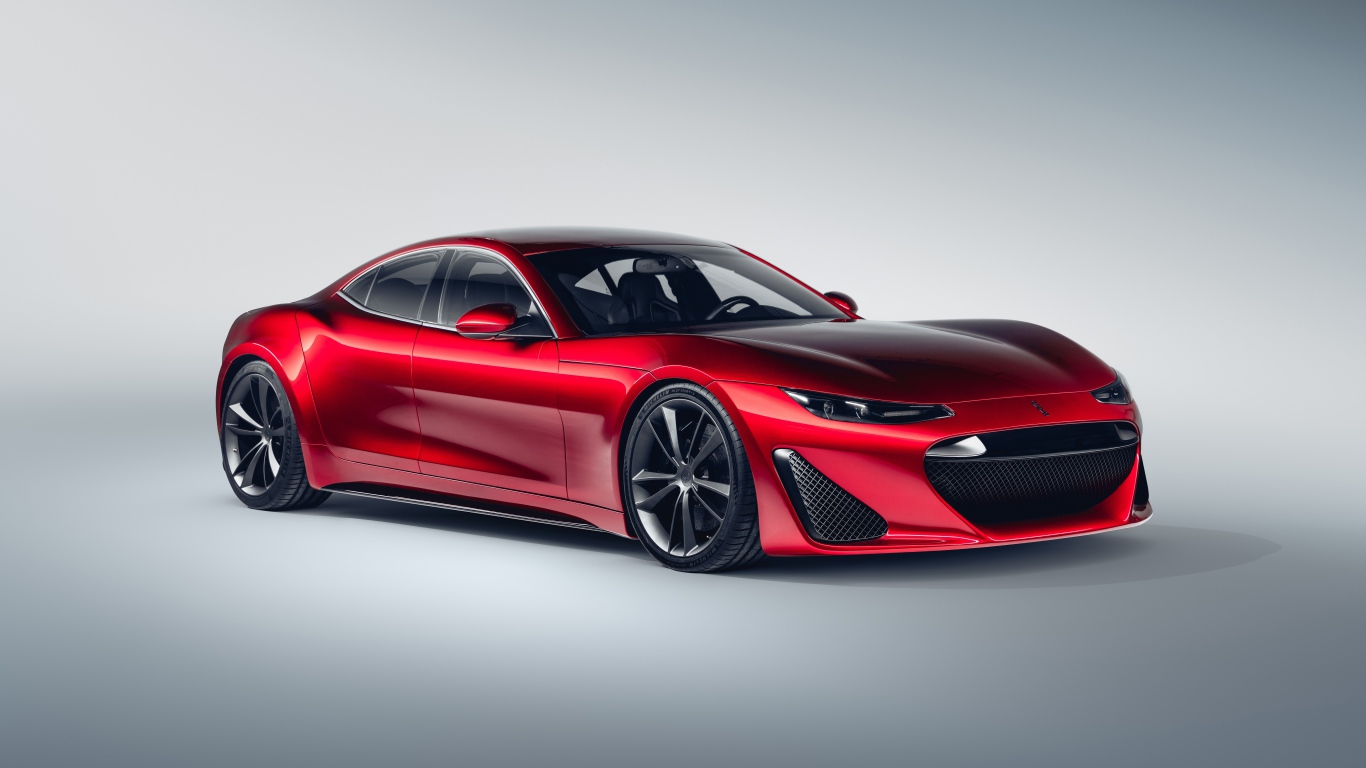 Красный автомобиль  Drako GTE, 2020 года на сером фоне вид спереди