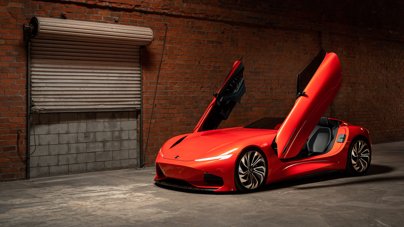 Красный автомобиль Karma SC1 Vision Concept 2019 года с открытыми дверями