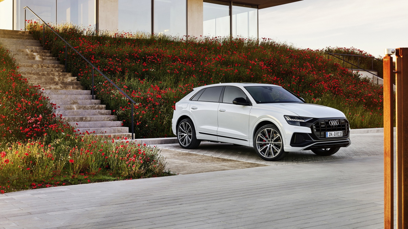 Белый автомобиль Audi Q8 60 TFSI E Quattro S Line 2020 года