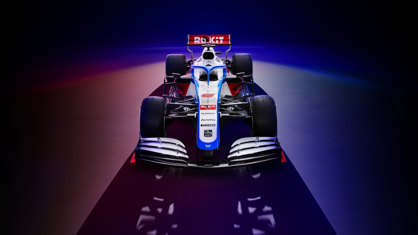 Гоночный автомобиль Williams FW43,  2020 года на синем фоне вид спереди