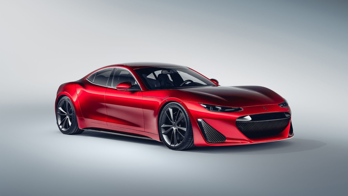 Красный автомобиль Drako GTE, 2020 года на сером фоне