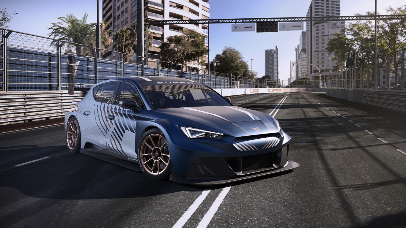 Стильный автомобиль Cupra Leon E-Racer 2020 года на гонках 