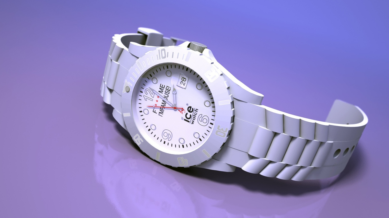 Белые наручные часы на сиреневом фоне