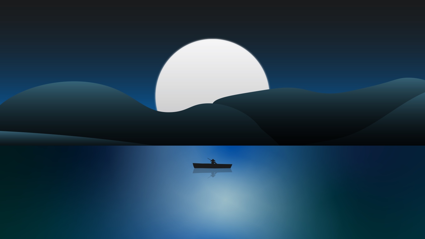 Нарисованная лодка в море на фоне луны