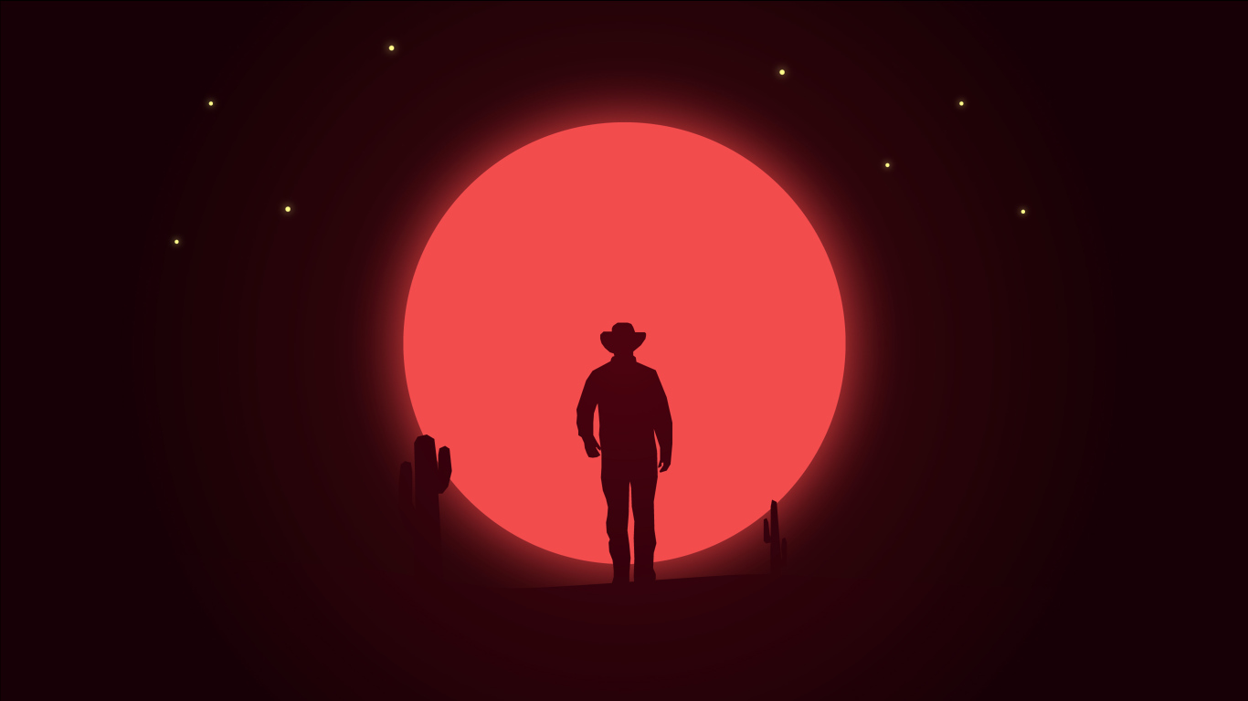 Silhouette of a cowboy on a background of the red moon