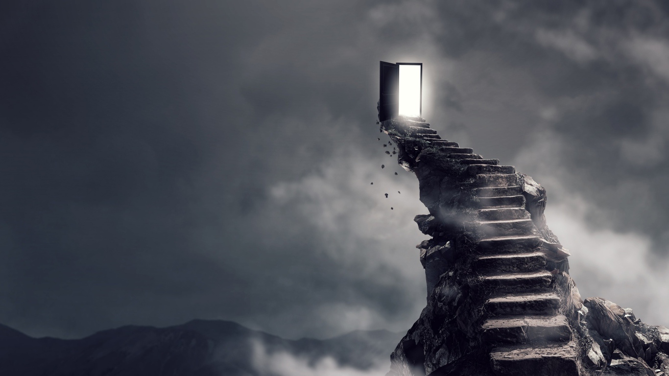 A stone staircase leads to a door in the sky