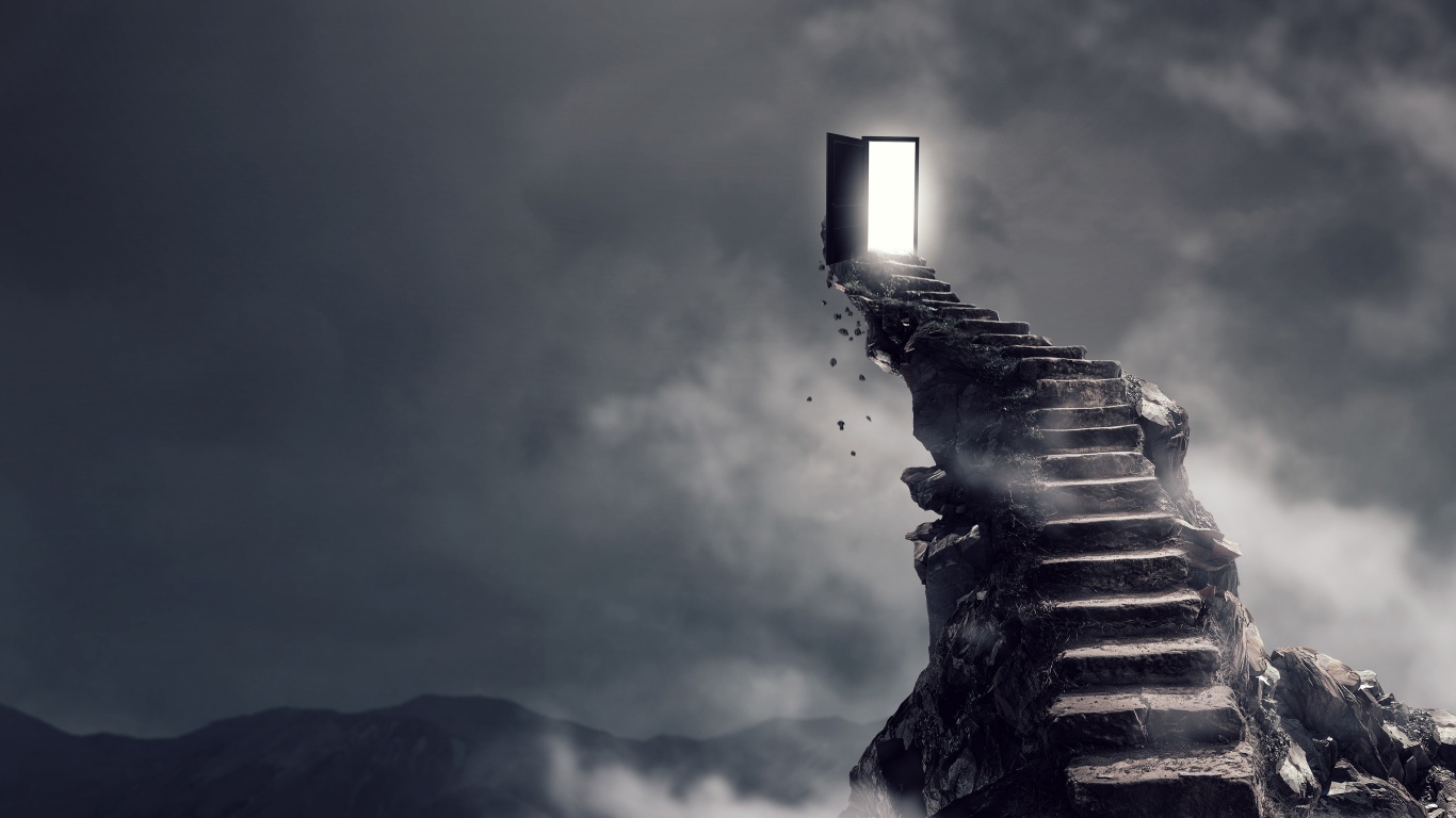 Каменная лестница ведет к двери в небе 