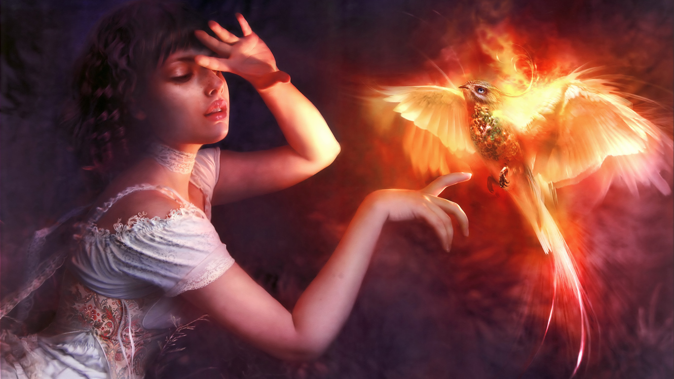 Beautiful girl with a mythical phoenix bird Desktop wallpapers 1366x768