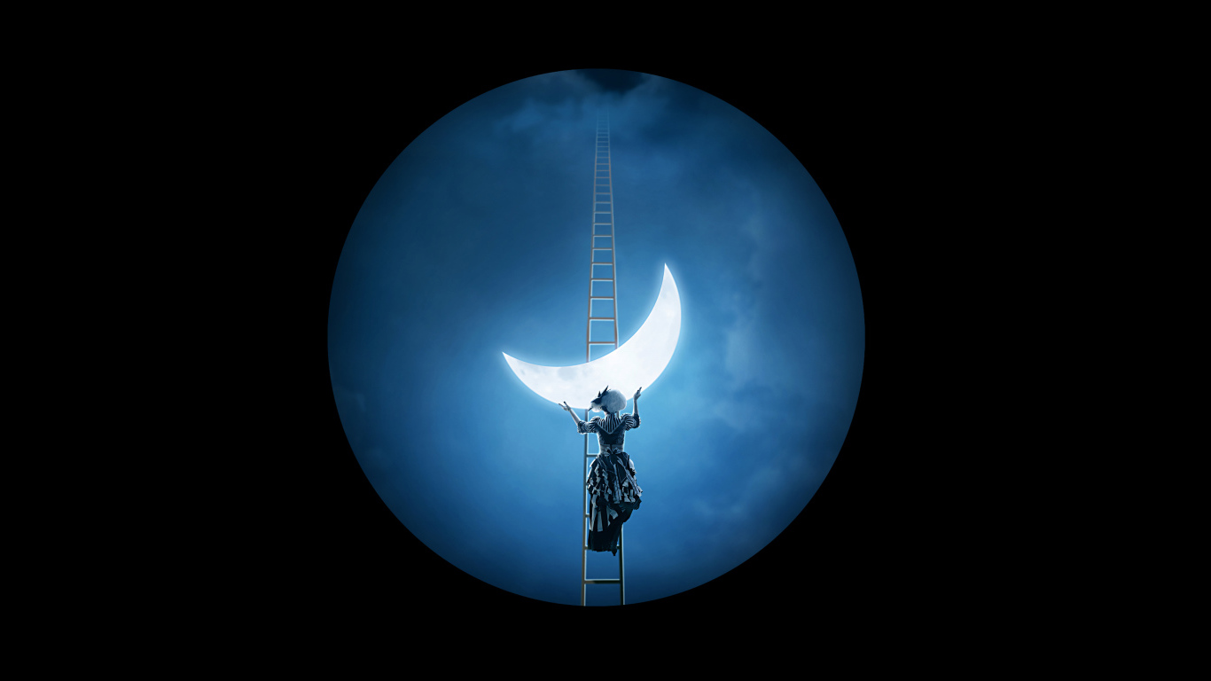Девушка на лестнице вешает месяц на фоне луны 