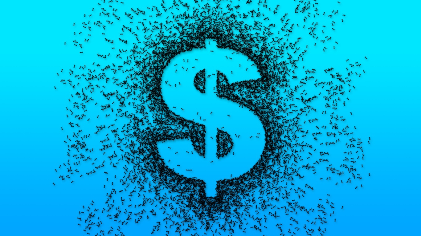 Знак доллар черными муравьями на голубом фоне