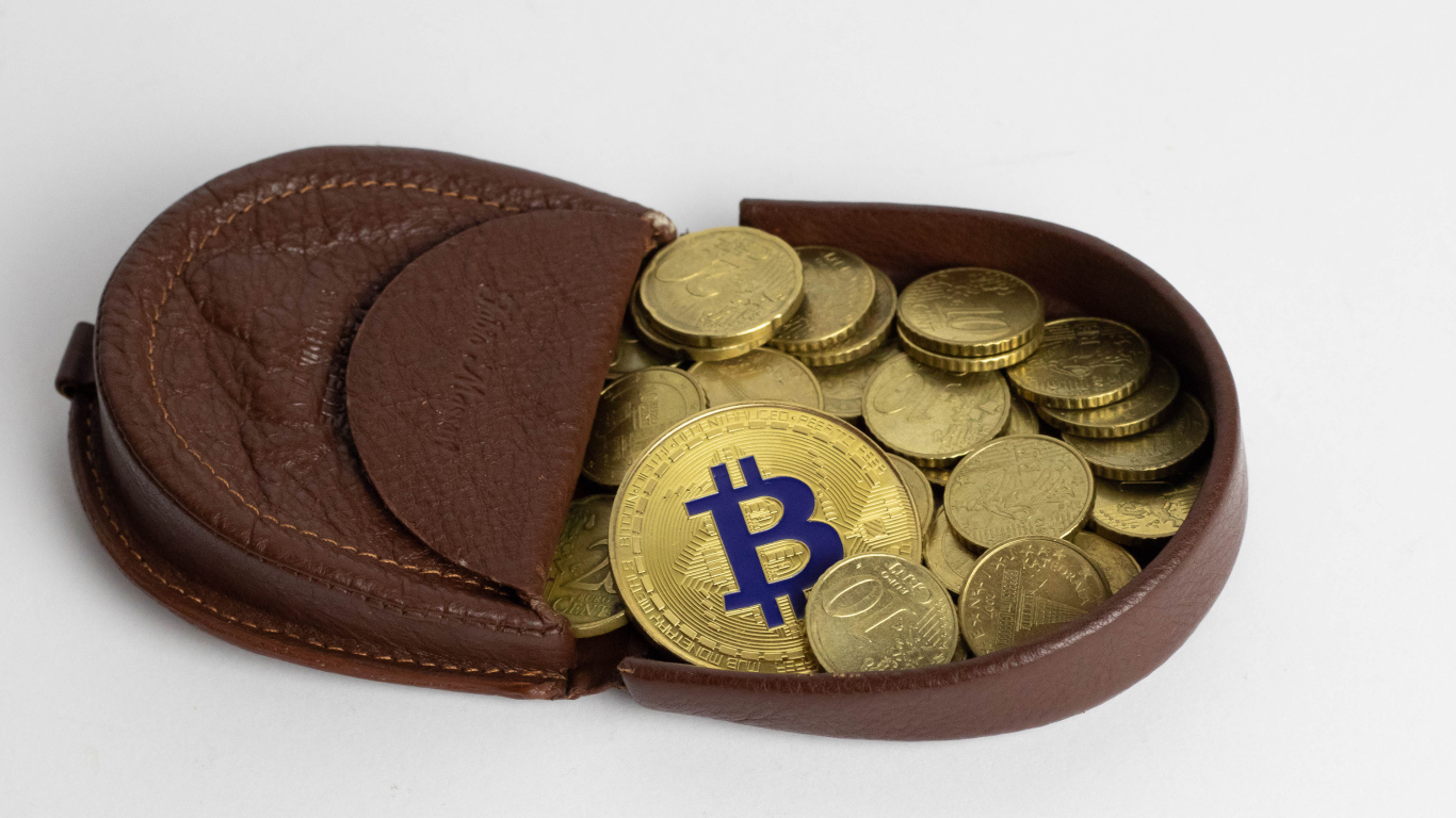 Кожаный кошелек с монетами на сером фоне