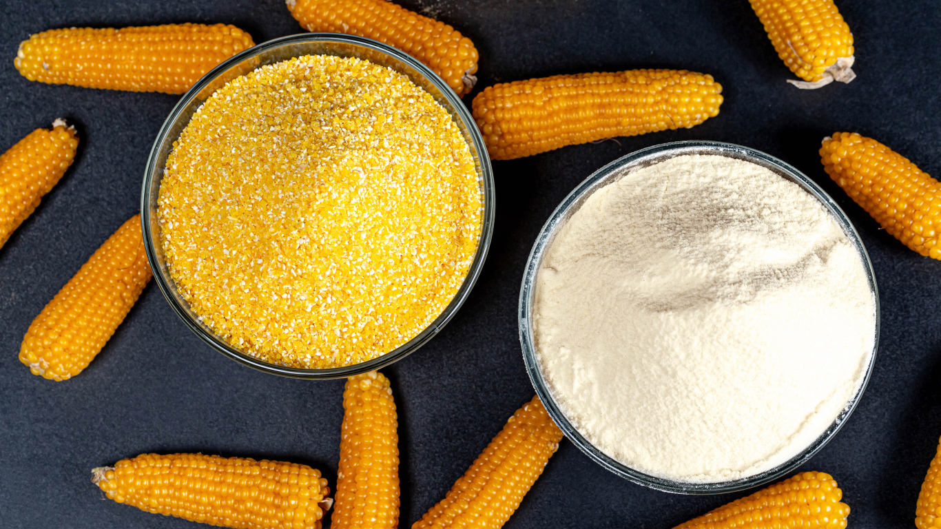 Кукурузные кочаны на столе с кашей и мукой