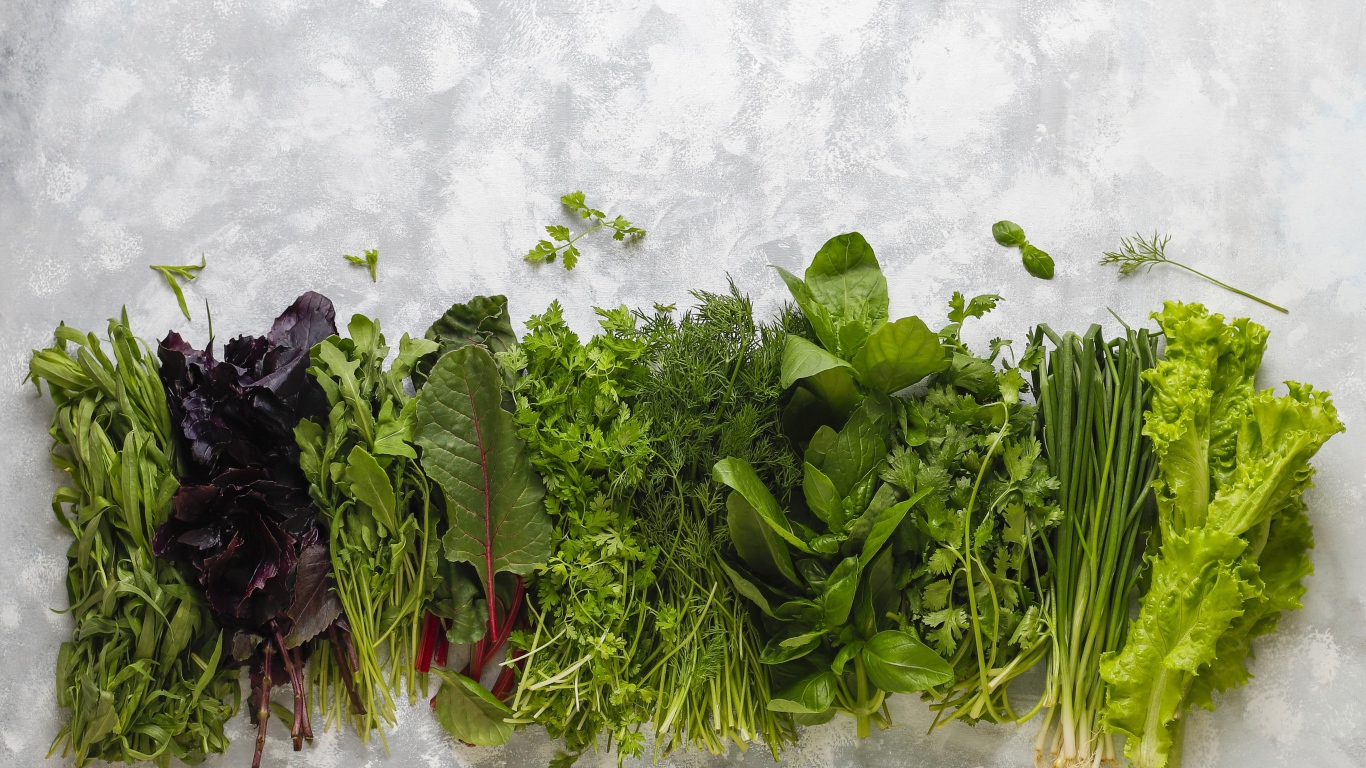 Свежая ароматная зелень на столе 