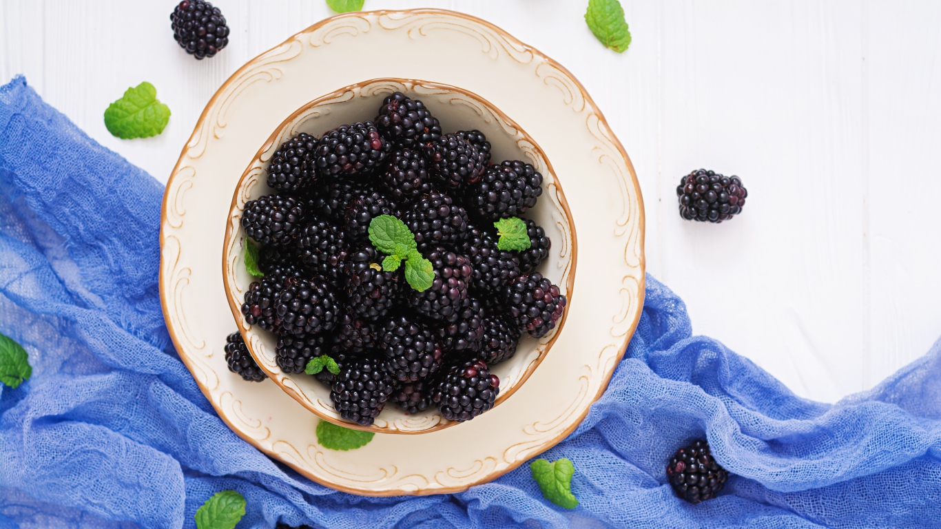 Вкусная спелая ежевика в тарелке на белом фоне с синей тканью 