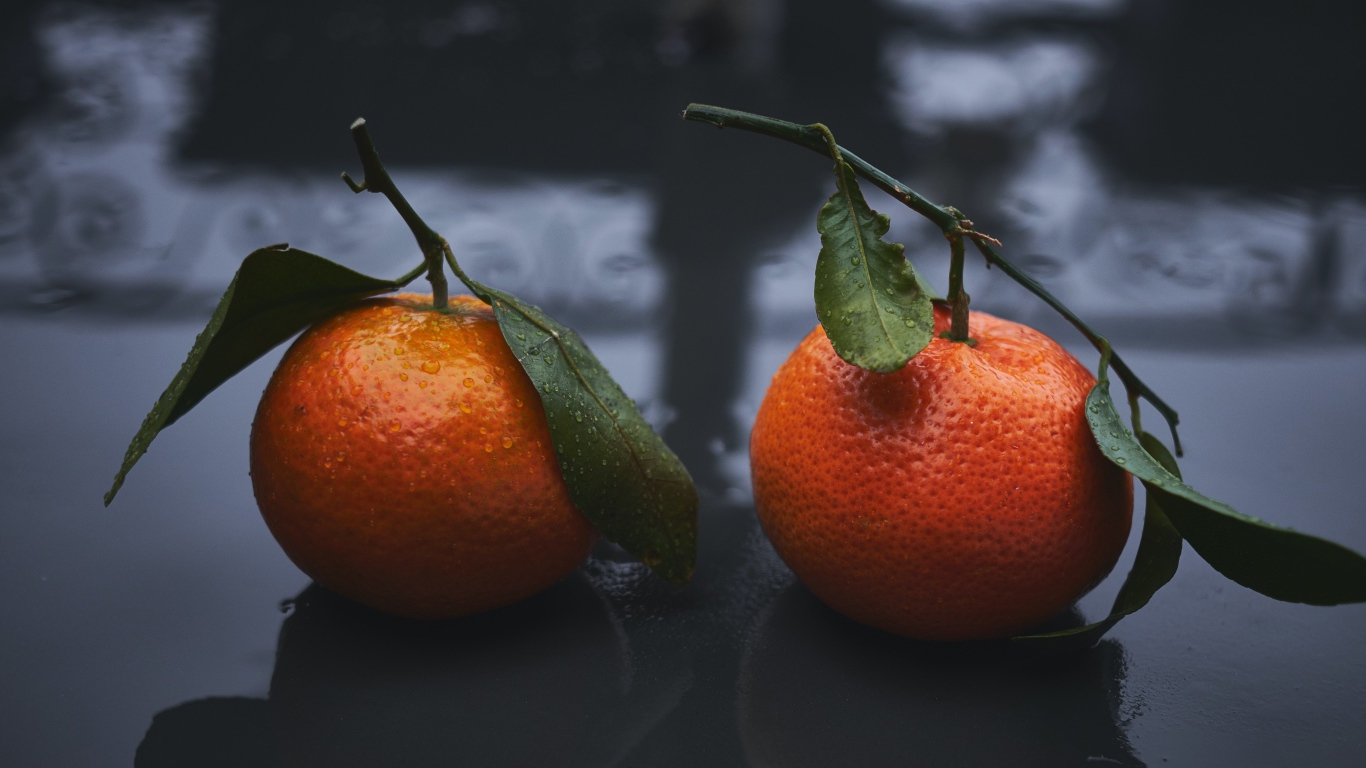 Два оранжевых мандарина лежат на мокрой поверхности 