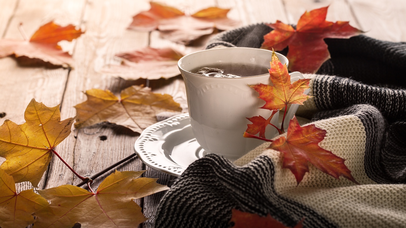 Чашка чая на столе с осенними листьями и пледом