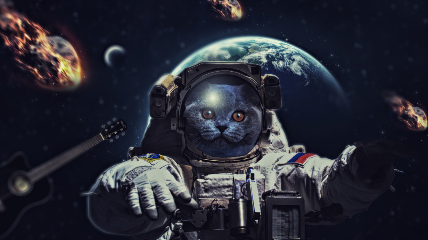 Кот в костюме космонавта в космосе 