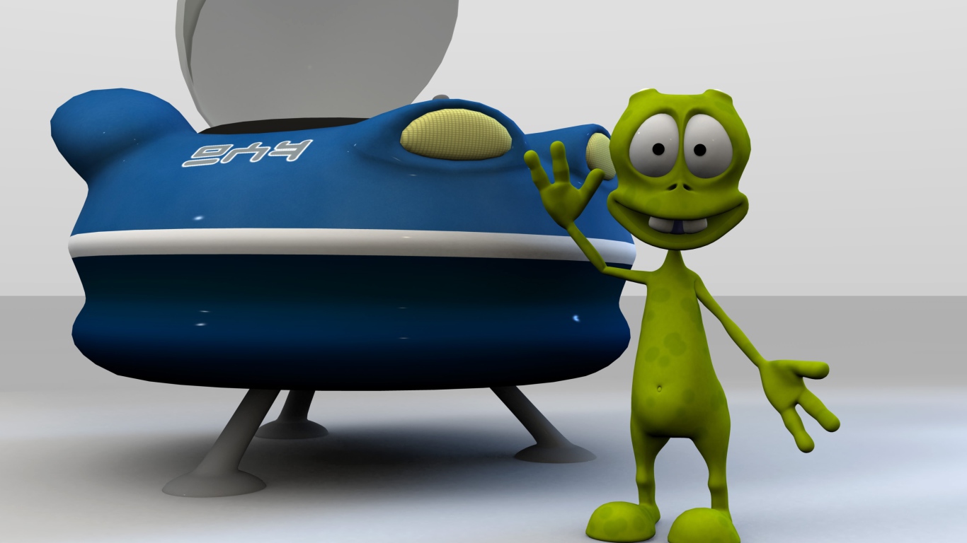 Зеленый инопланетянин у космического корабля 