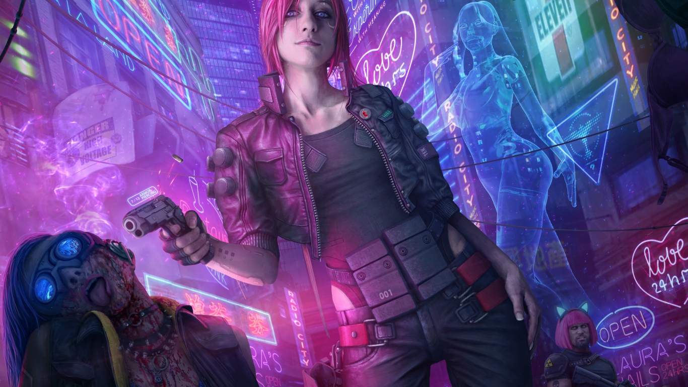Девушка с оружием персонаж видео игры  Cyberpunk 2077