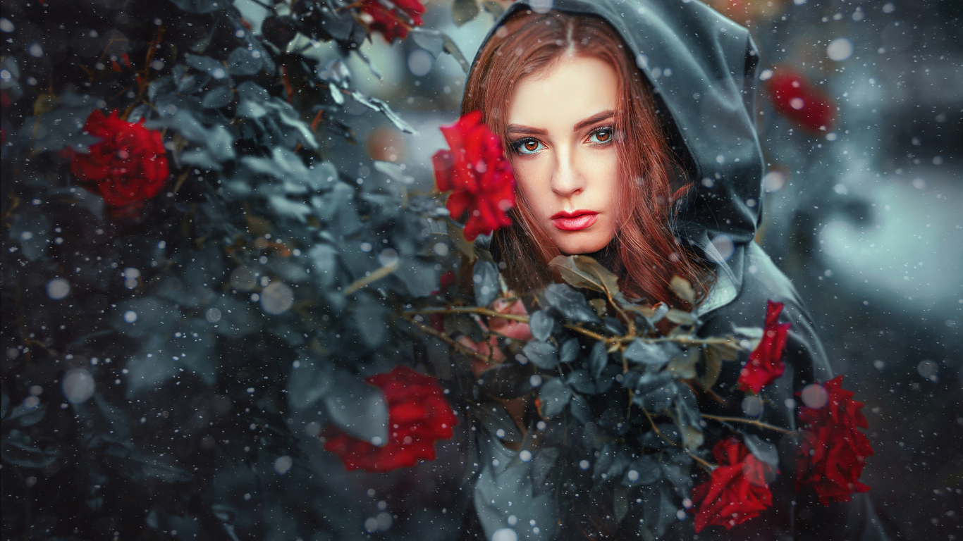 Девушка в черном плаще у  куста роз 