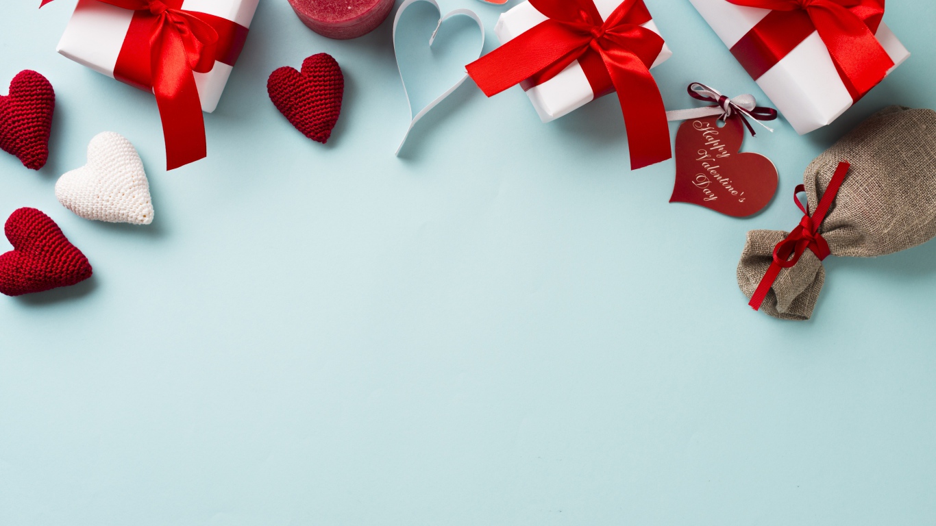 Подарки и сердечки на голубом фоне, шаблон для открытки на День Святого Валентина