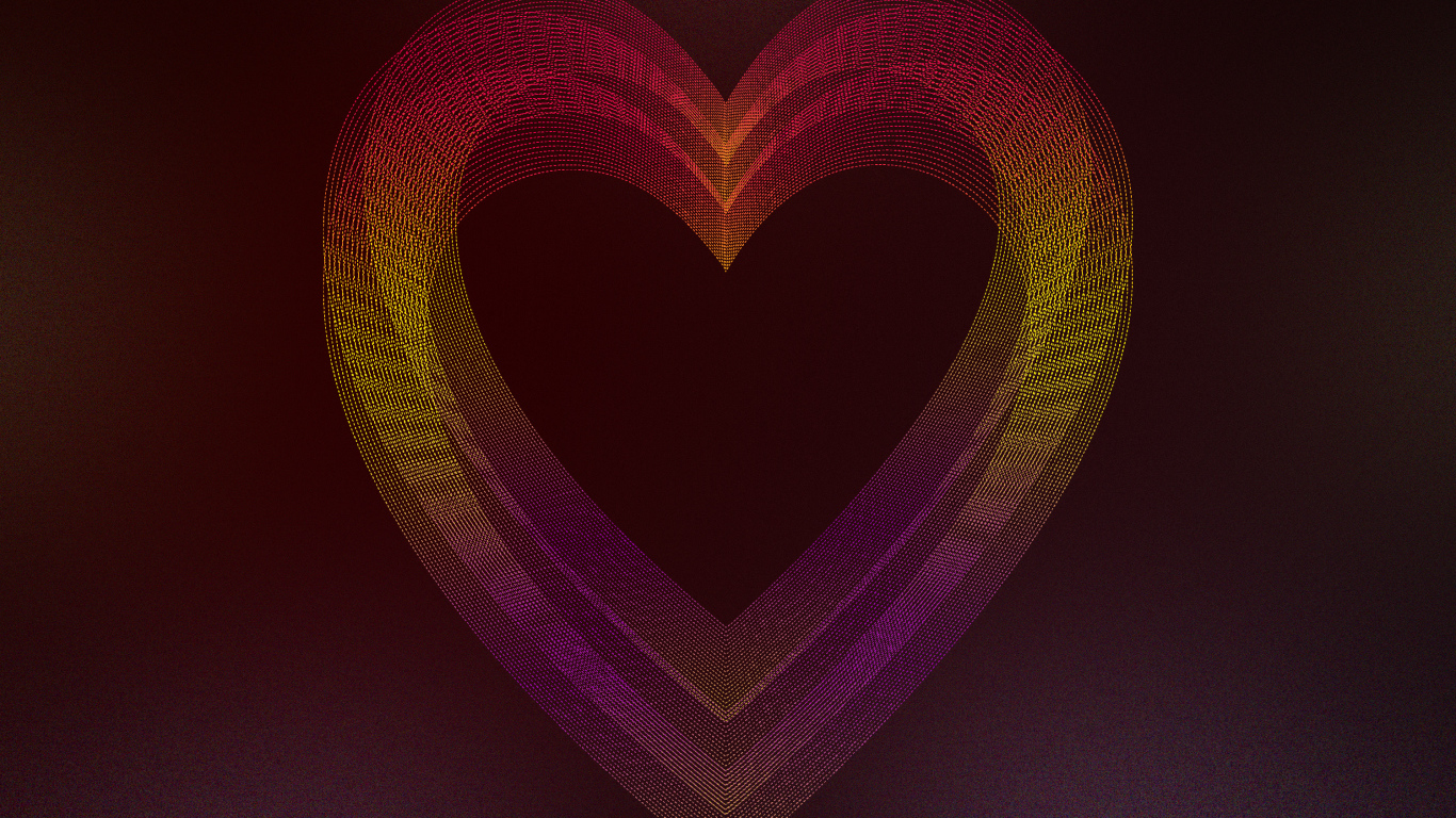Большое неоновое сердце на бордовом фоне