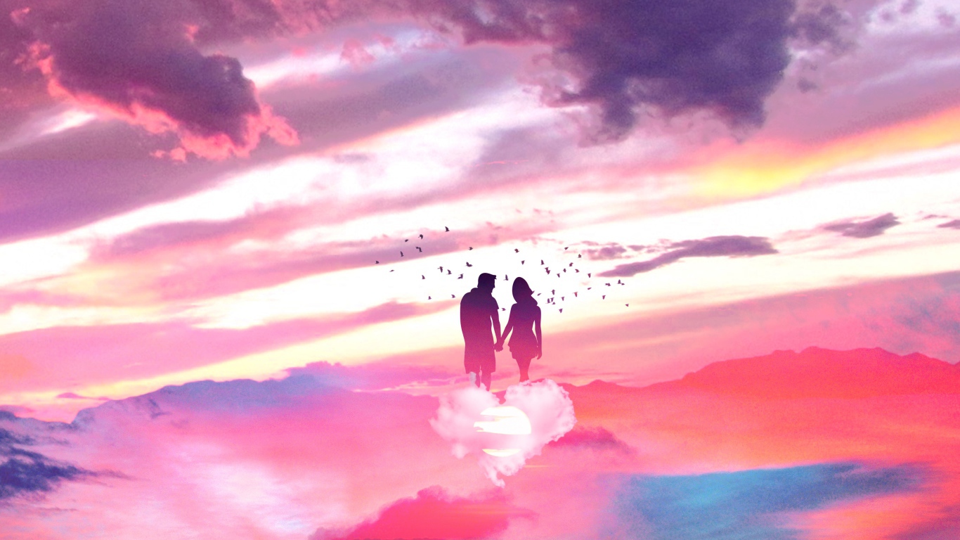 Силуэт влюбленной пары на облаке в форме сердца в небе 