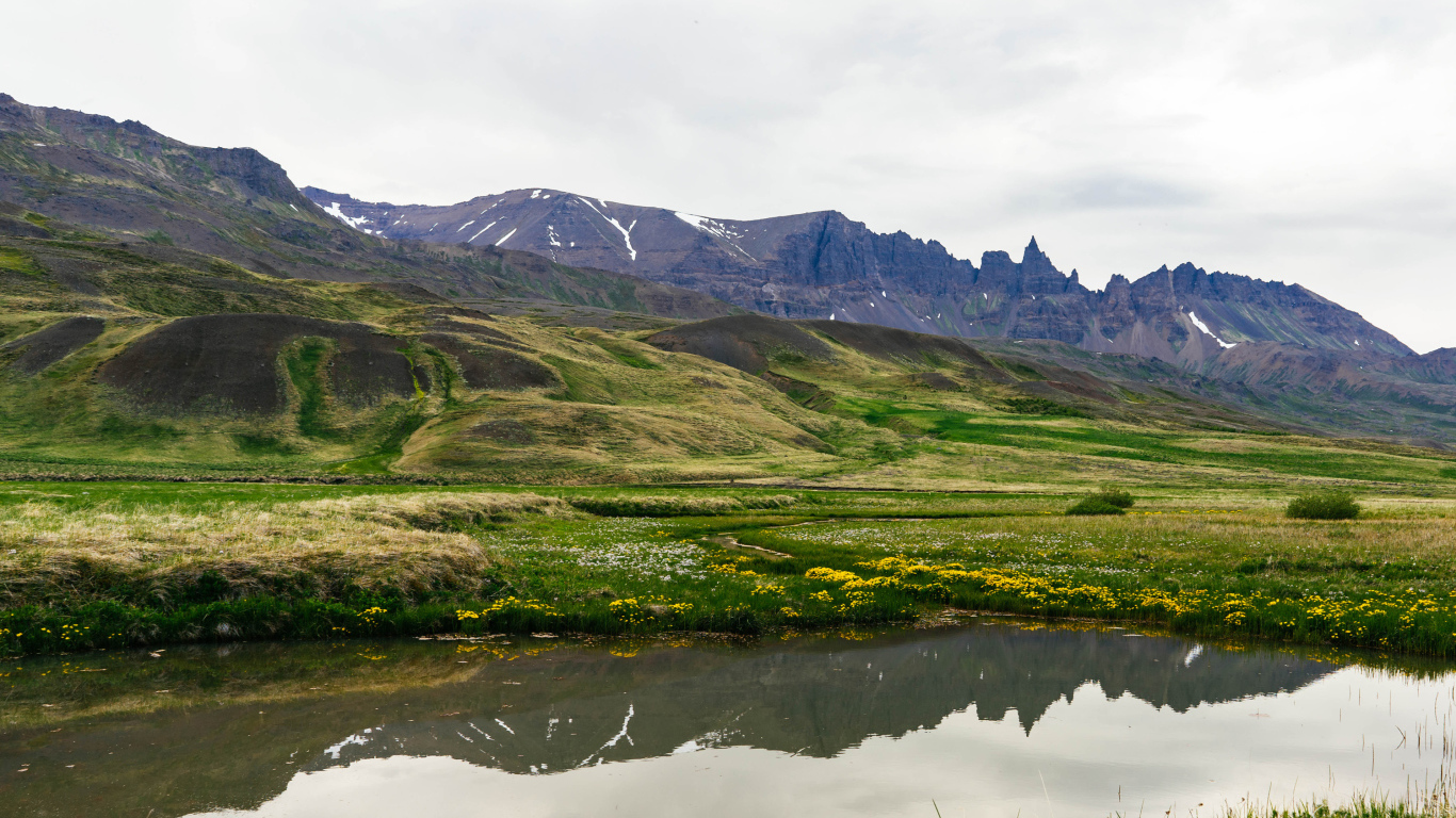 Озеро у холмов с зеленой травой в горах