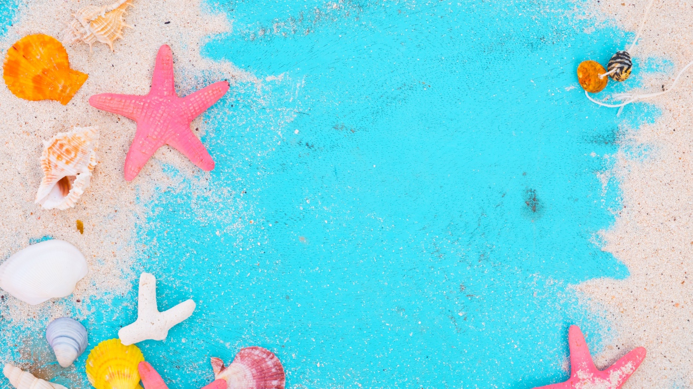 Ракушки и морские звезды с песком на голубом фоне