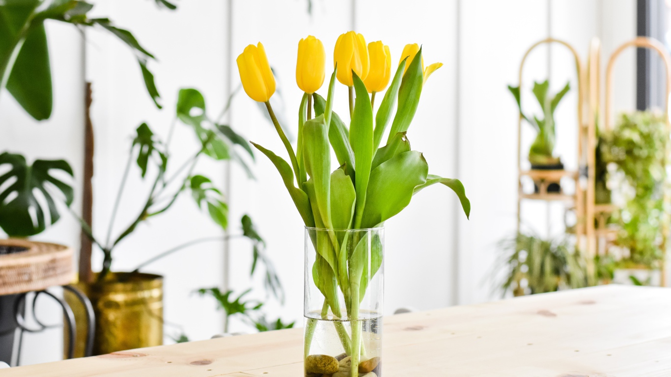 Букет желтых тюльпанов в стеклянной вазе на столе 