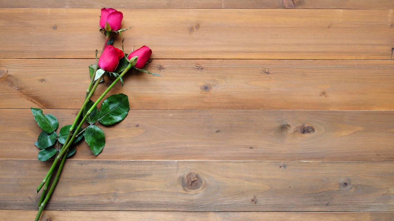 Три красные розы лежат на деревянном столе 
