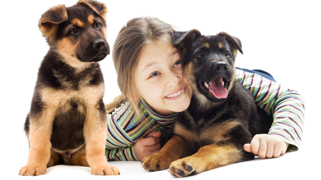 Улыбающаяся девочка с двумя щенками овчарки