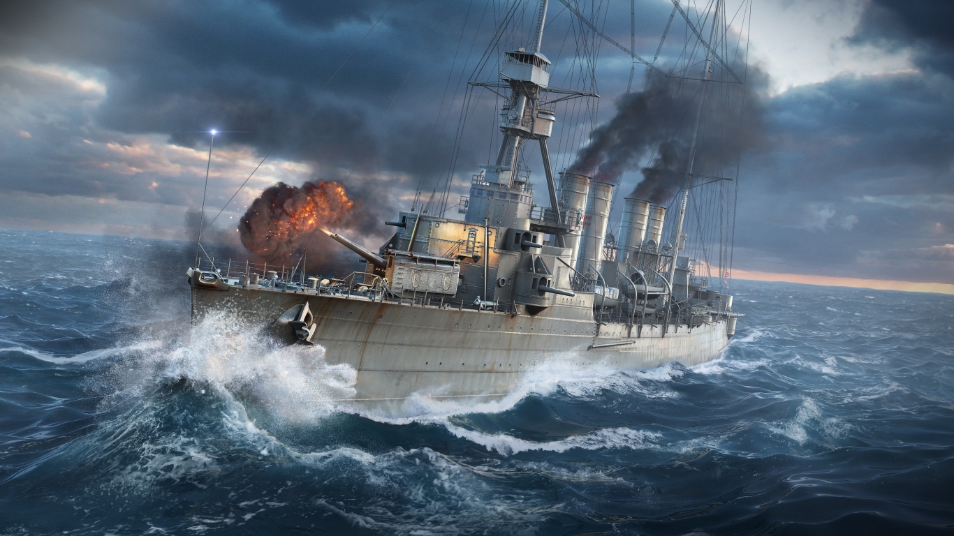 Военный линкор в море во время шторма 