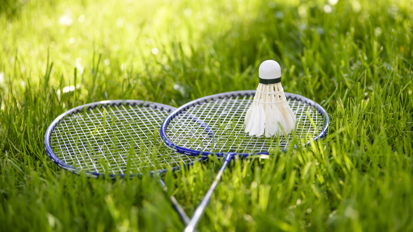 Shuttlecock and badminton rackets on green grass