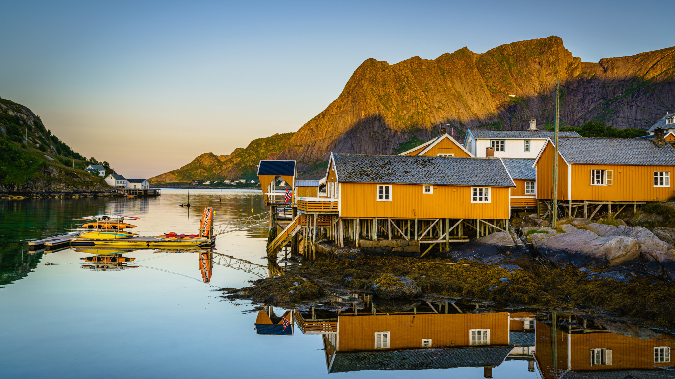 Деревья на сваях на острове Лофотен у гор, Норвегия 
