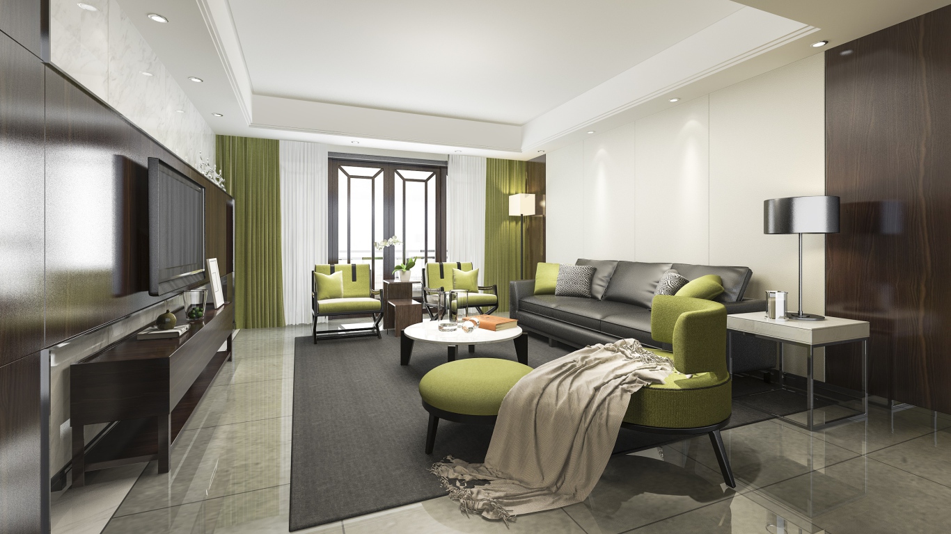 Черный кожаный диван в гостиной комнате 