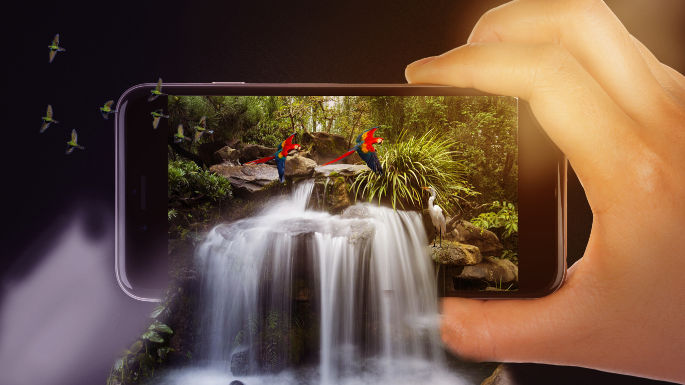 Waterfall flows from a smartphone in a hand