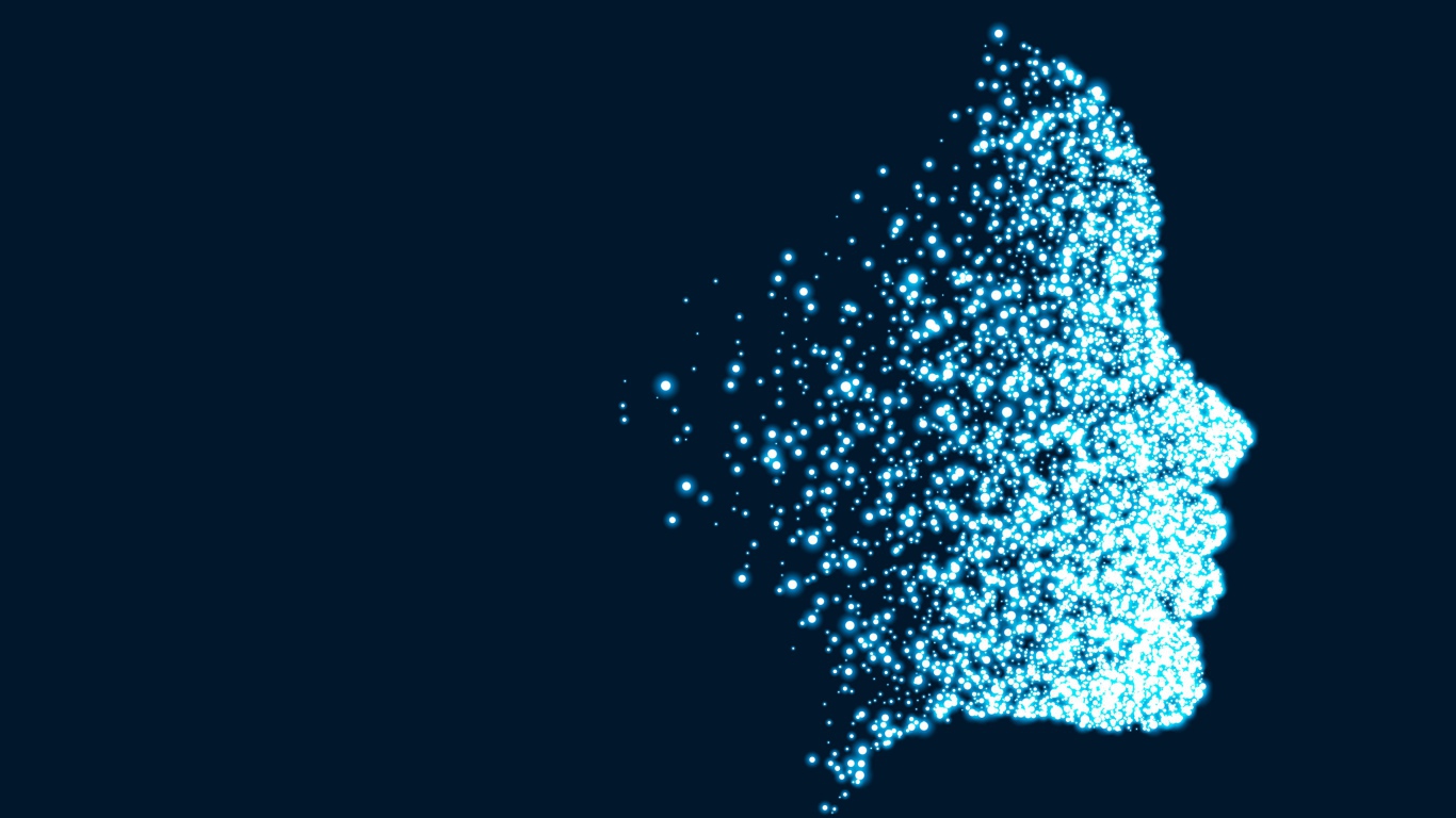 Лицо девушки из неоновых точек на синем фоне 