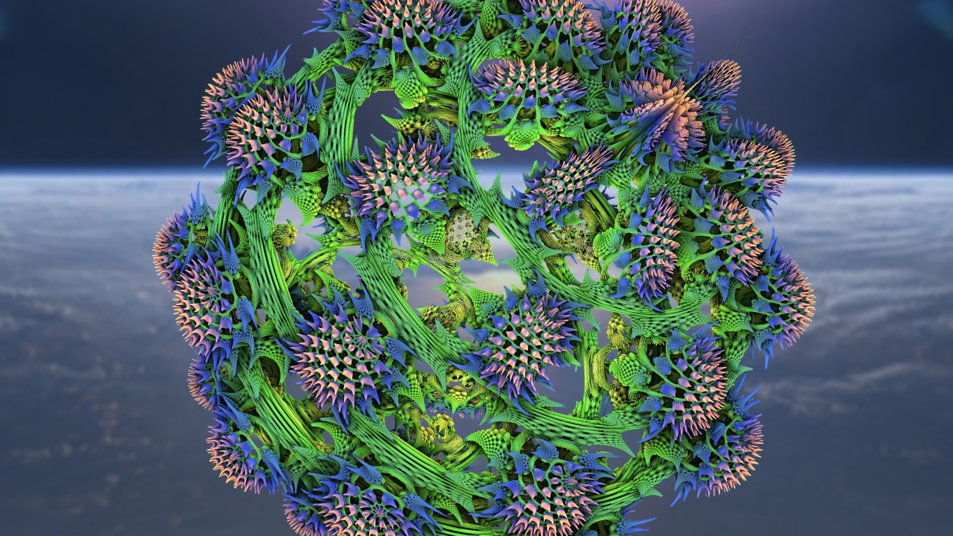 Большой колючий фрактальный цветок на сером фоне