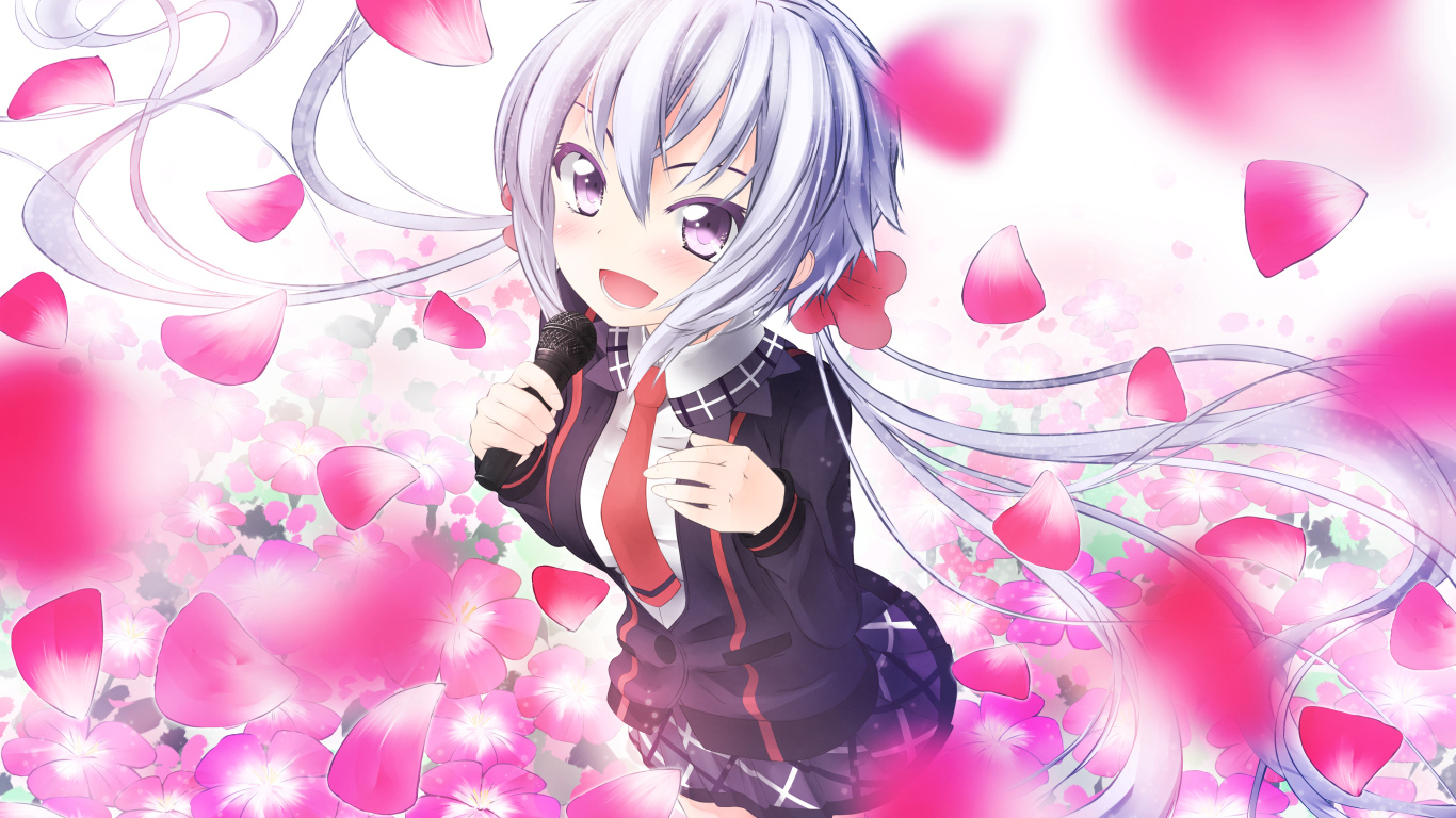 Девушка аниме на фоне с розовыми лепестками 
