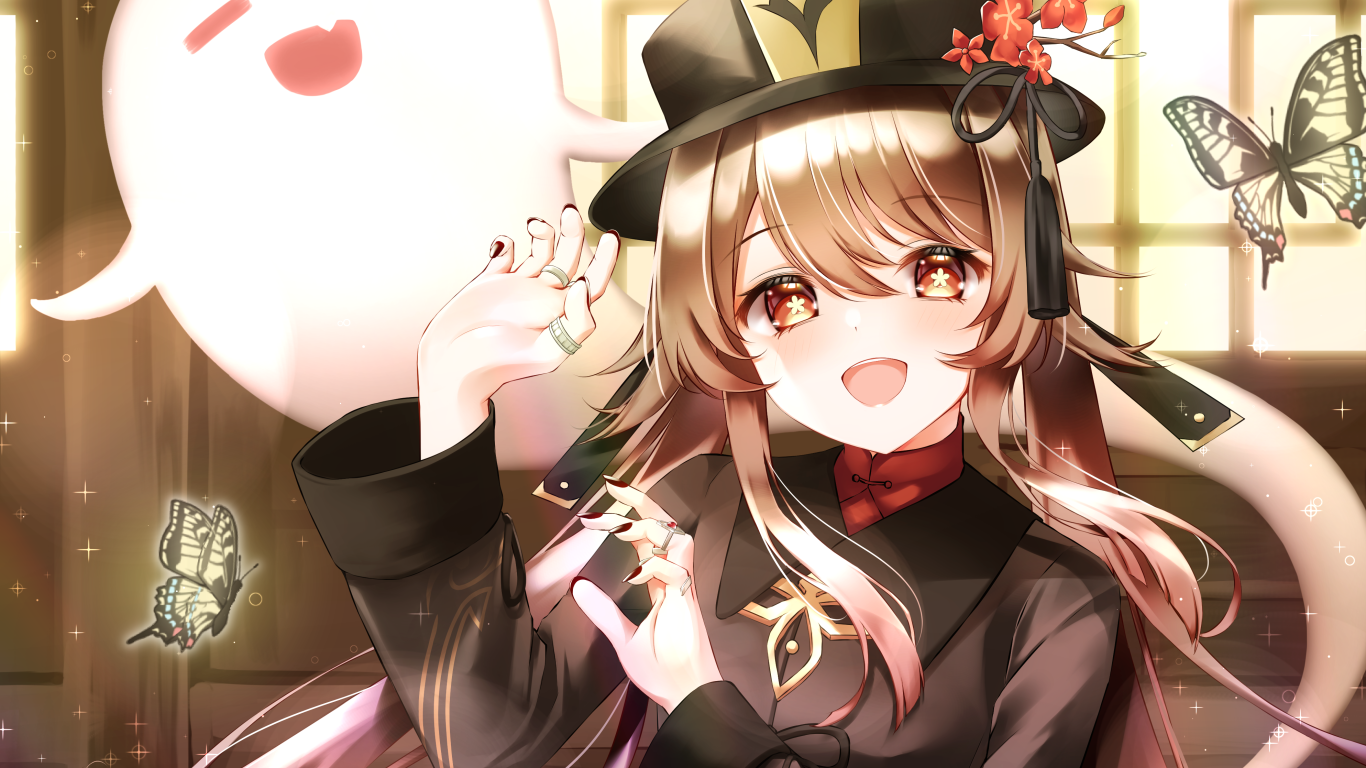 Девушка аниме с бабочками и приведением 