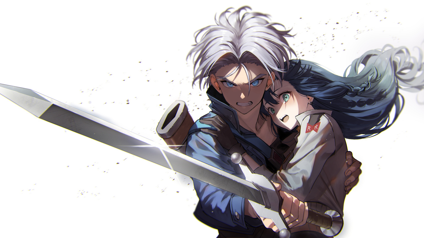 Парень и девушка на белом фоне аниме Драконий Жемчуг Зет