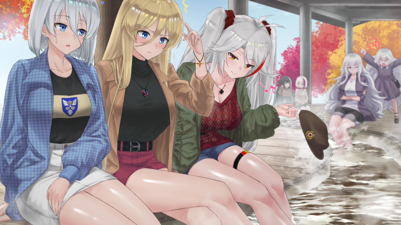 Три девушки у фонтана аниме  Azur Lane