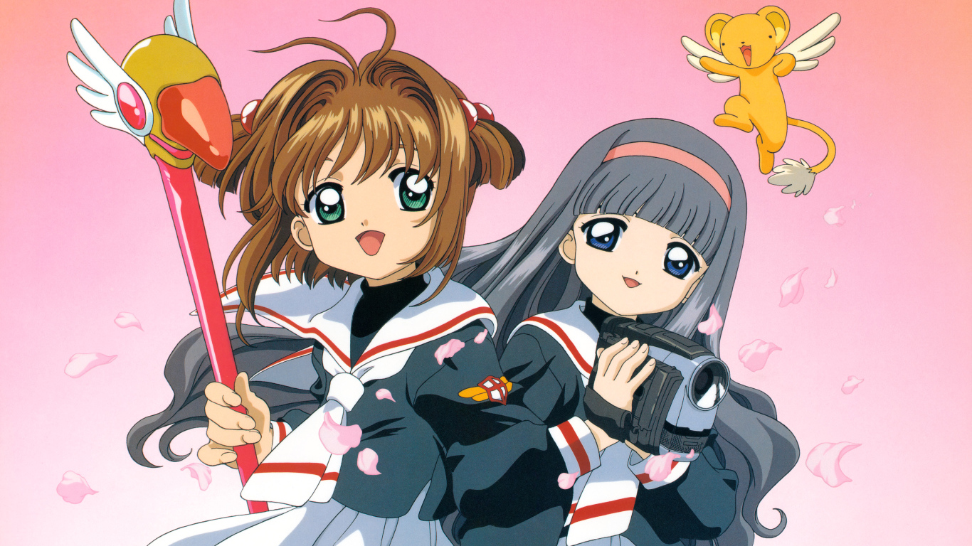 Две девушки аниме с камерой на розовом фоне