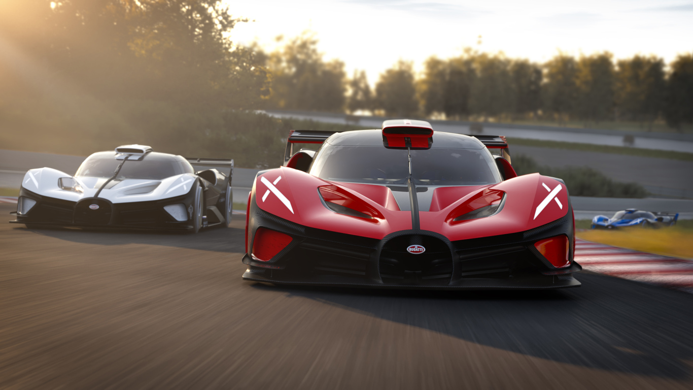 Красный Bugatti Bolide 2022  года на гоночной трассе