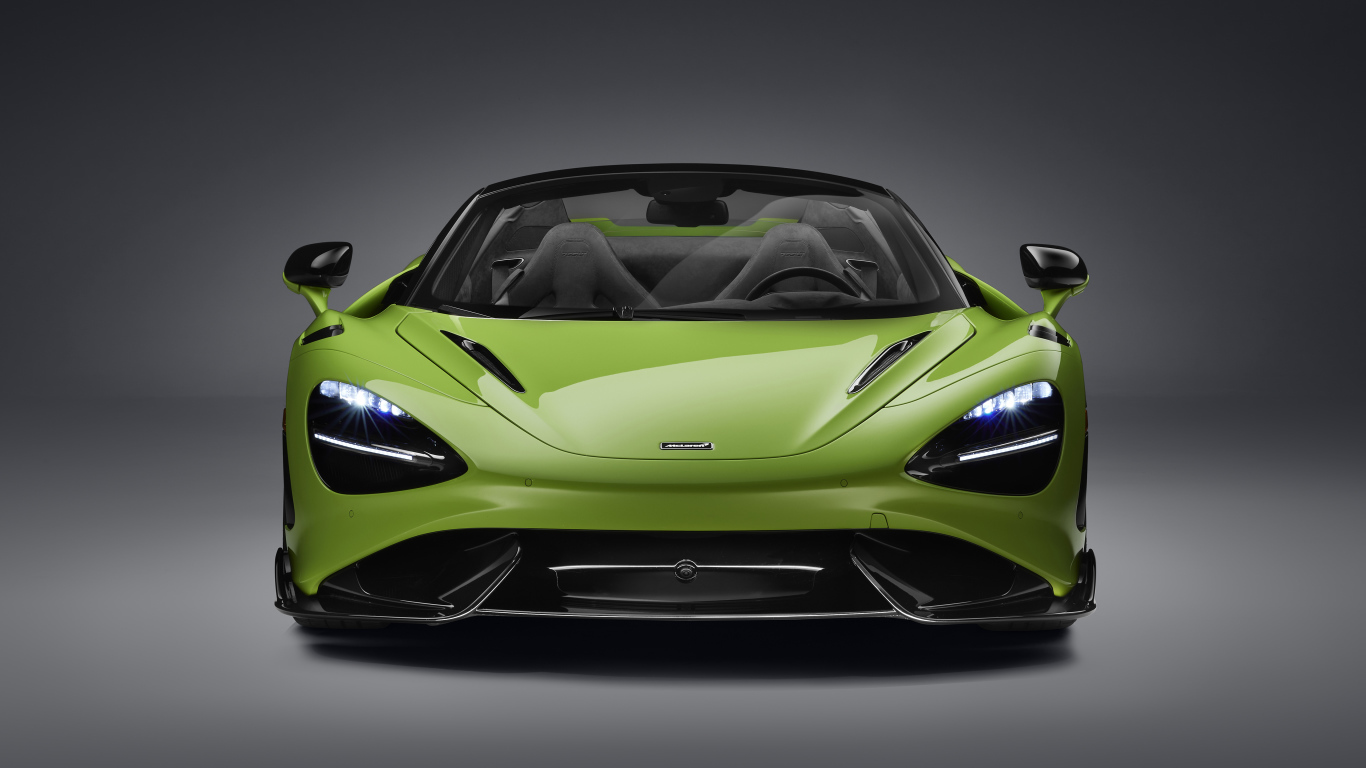 Зеленый McLaren 765LT Spider 2022 года а сером фоне 