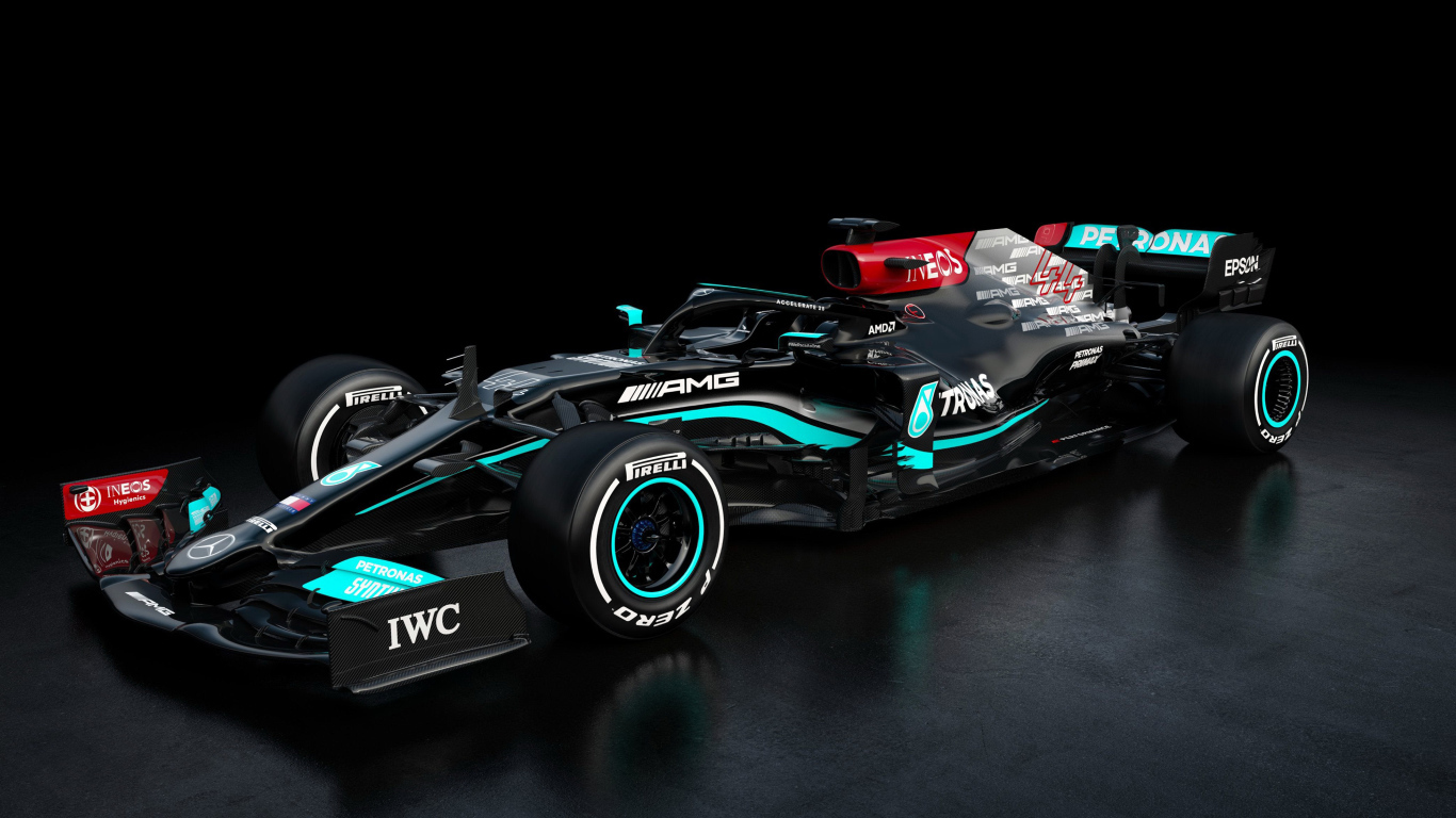 Гоночный автомобиль Mercedes-AMG F1 W12 E Performance 2021  года на черном фоне
